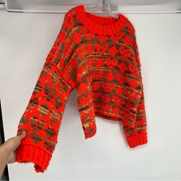 Free People Wool Blend Orange Heart Argyle Chunky Colorful Oversized Sweater M - Picture 4 of 7